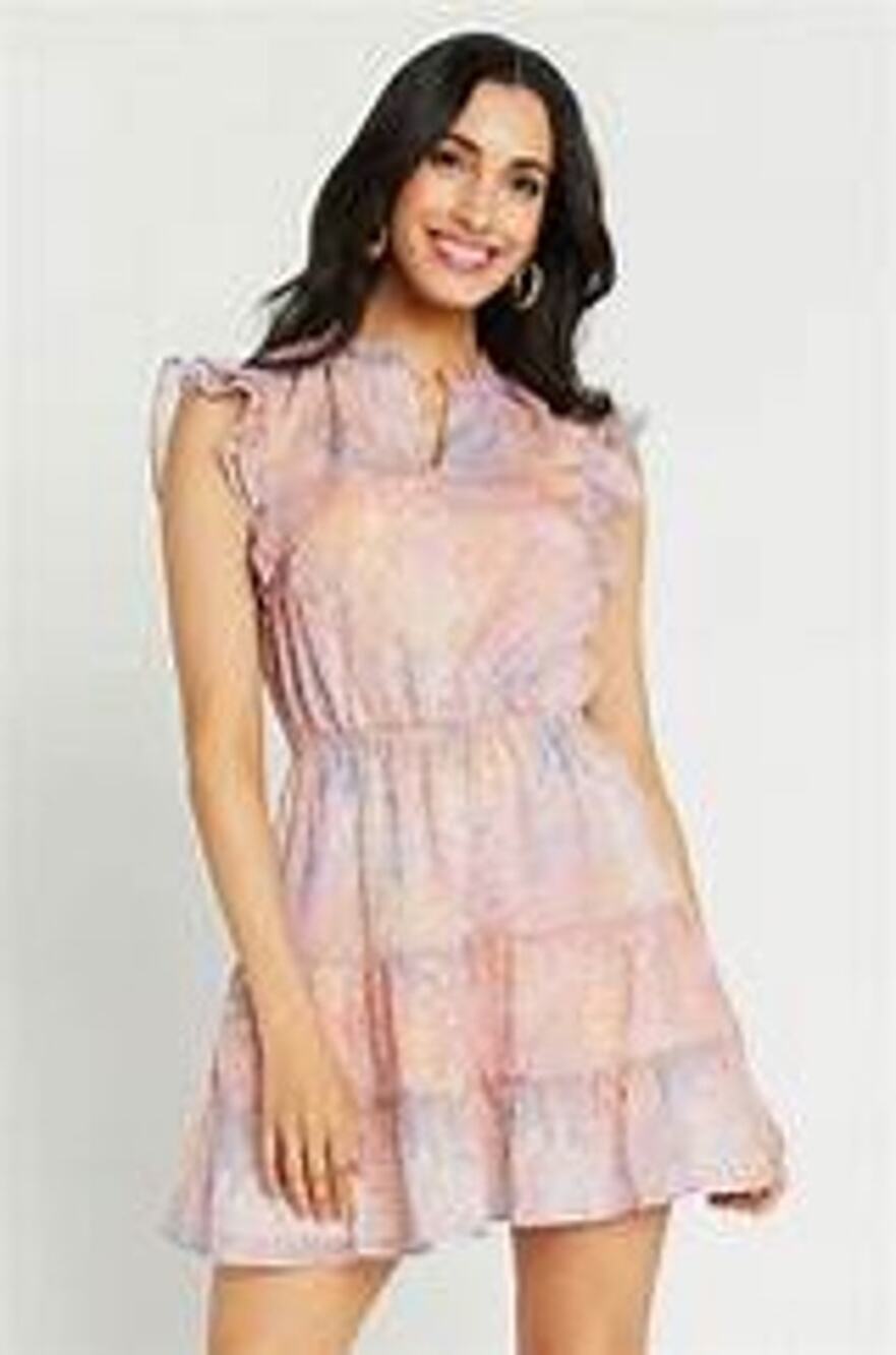 BB Dakota Dreaming of Waves Pink Animal Print Tiered Flutter Mini Dress Size XS